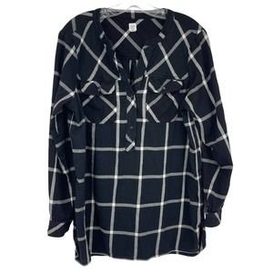 GAP Plaid Flannel Top Black White Long Sleeve Pockets Henley Tunic Womens L